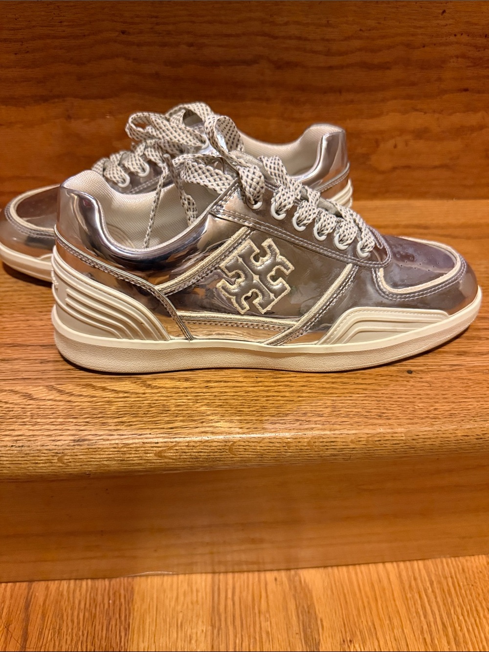 Tory Burch Silver Metallic Logo Low-Top Sneakers with Cream Sole